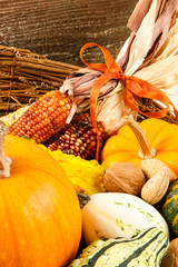 Fall Harvest Decoration With Pumpkins, Gourds And Indian Corn