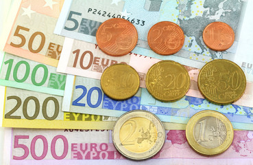 Euro notes and coins. One cent  to five hundred