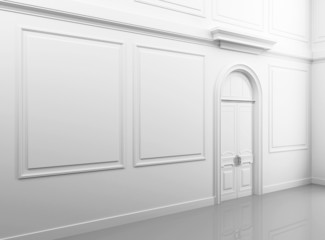 White classical empty interior with closed door and frames