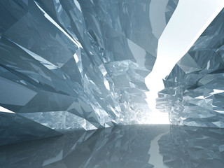 Bent crystal corridor with rugged walls and glowing end