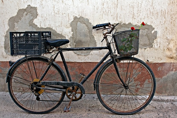 Obraz na płótnie Canvas Czerwone róże w koszu stary zardzewiały rower