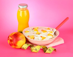 tasty dieting food, measuring tape and bottle of juice,