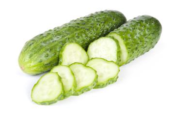 Cucumber and slices isolated over white background
