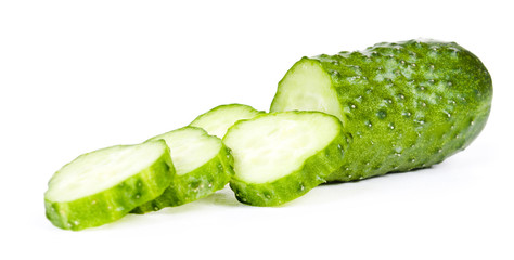 Cucumber and slices isolated over white background