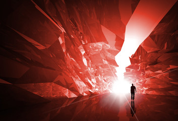 Man walks through the red crystal corridor with glowing end