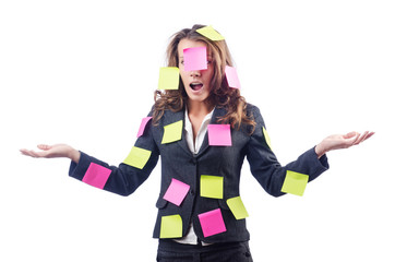 Woman with lots of reminder notes