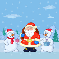 Santa Claus and snowmans in a winter forest
