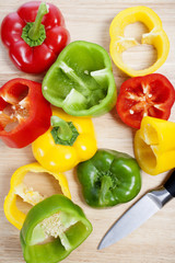 Mixed peppers on chopping board