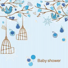 Tableaux ronds sur aluminium Oiseaux en cages Baby shower - garçon