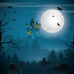 Scary Halloween background with castle and graveyard