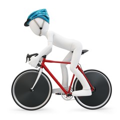 3d man with race bike on white background