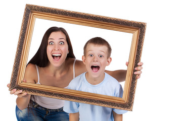 Mom and son having fun shout. isolated