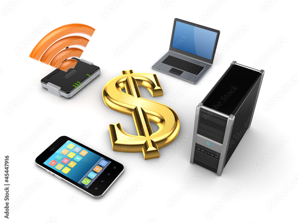 Poster router,notebook,pc,mobile phone and dollar sign.