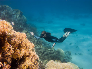 Beautiful freediver girl rises along coral reef