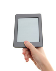 E-reader and hand.