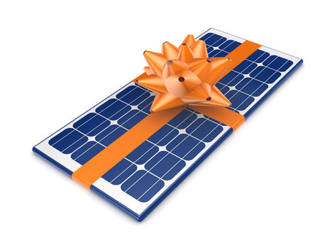 Solar battery decorated with an orange ribbon.