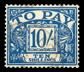 UK ten shillings to pay postage stamp, circa 1940