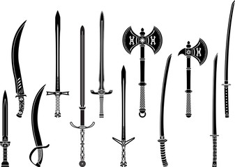 set of stencils of fantasy swords and axes