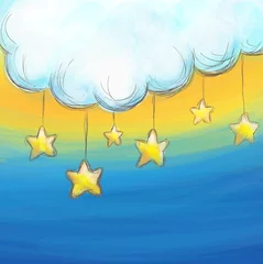 Tuinposter Cartoon stijl wolk en sterren achtergrond © Black Spring