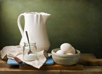 Still life with white pitcher, eggs and salt