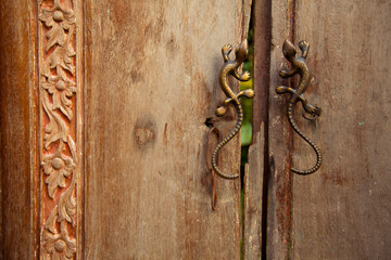 Old wooden doors with handles in the form of lizards © De Visu