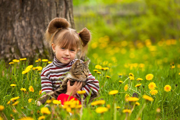 little girl playing with a cat in the park