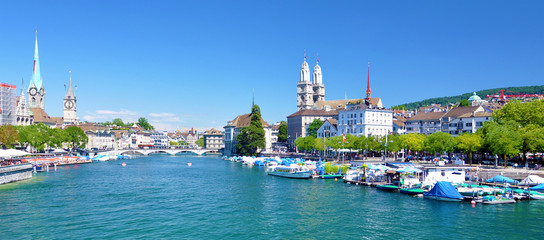 Zurich downtown across Limmat river - obrazy, fototapety, plakaty