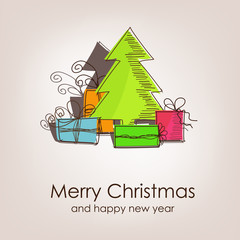 Christmas card with colorful christmas tree and gifts