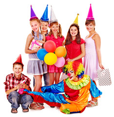 Fototapeta premium Birthday party group of teen with clown.