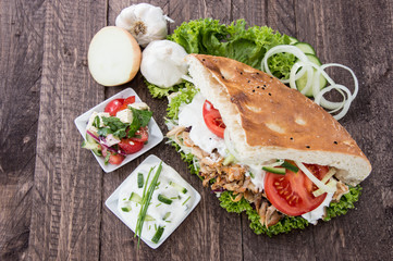 Pita and Kebab on wood