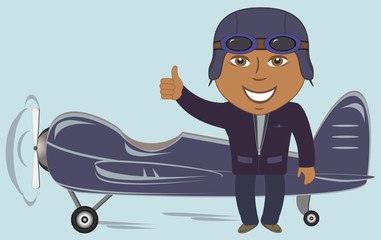retro plane with afro american pilot showing thumb up and smile