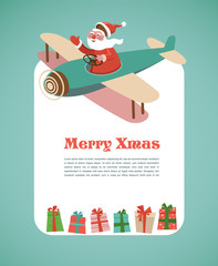 Christmas background with retro airplane and Santa
