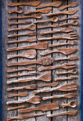 Huge set of different old wooden tableware