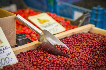 Variety of wild berries on table on city market