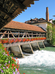 Ancient dam and wooden bridge in Thun, Switzerland