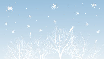 white trees and birds under snowflakes
