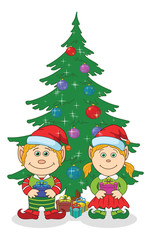 Christmas elves and fir tree