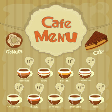 Cafe Menu Card with types of coffee