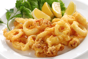 fried calamari, fried squid with lemon