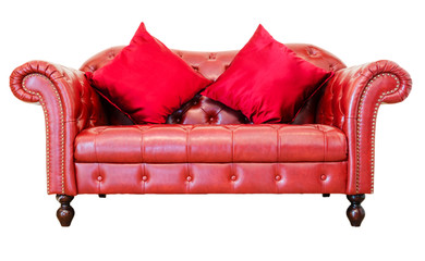 luxury vintage red sofa and pillows isolated on white Background