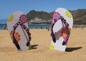 Flip-flops in the sand of Teresitas beach. Tenerife island, Cana