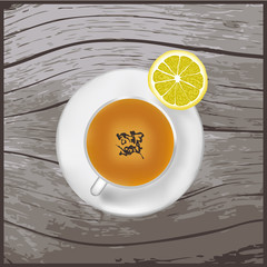 A cup of tea on the old wood texture. Vector background.