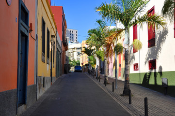 Colorful houses on a street of Santa Cruz, Tenerife, Canaries