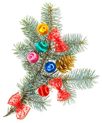 Multicolored Christmas balls, bows and cone on spruce branch, is
