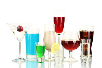 a variety of alcoholic drinks isolated on white