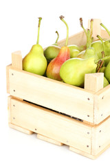 ripe pears in crate isolated on white.