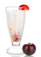 Delicious milk shake with fruit isolated on white