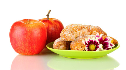Fresh bagels with apples isolated on white