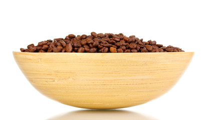 Coffee beans in bamboo bowl isolated on white