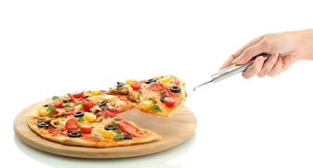 woman's hand holding a slice of pizza